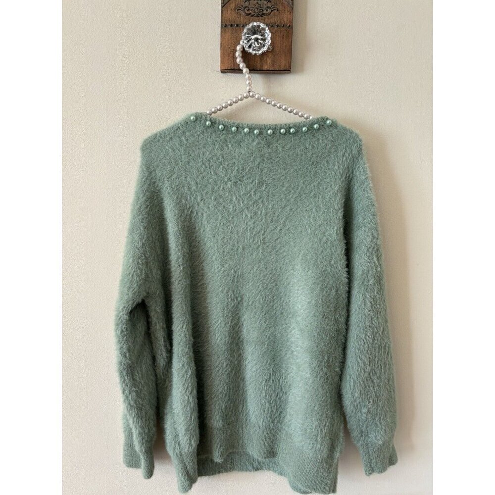 Nwt Listicle Womens Size S Green Fuzzy Sweater Beaded Trim — image 4 of 7